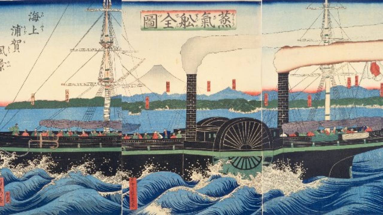 文明開化 明治伊万里 大皿(約46cm) 淀川を京に登る蒸気船の図 文明開化