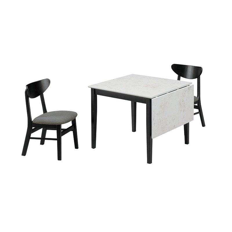 ダイニング3点セット フレアⅡ 伸長テーブルEXT WH石目 + チェアDGY/BK