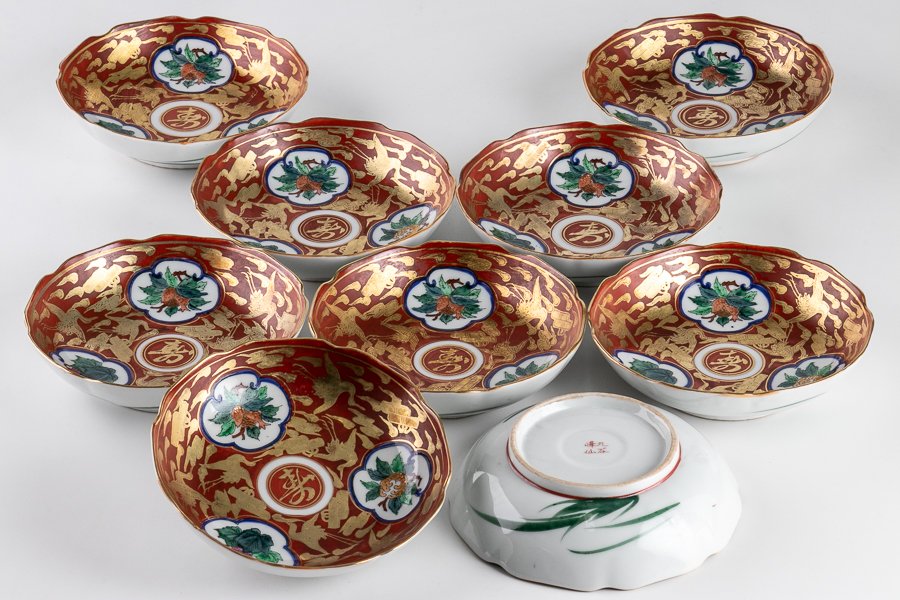 九谷焼】 九谷峰仙 赤絵金彩雲鶴柘榴文なます皿 9客セット 16322