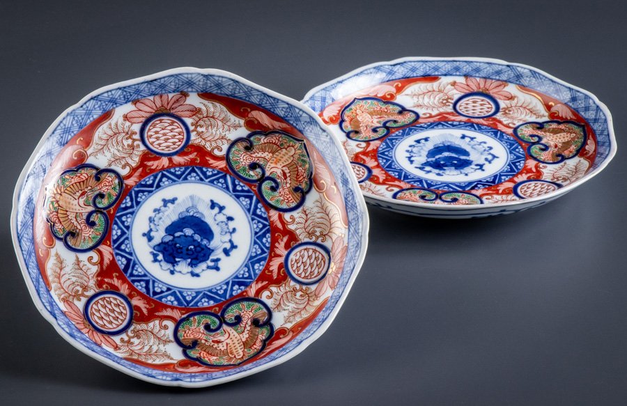 B_古伊万里 金襴手 鶴亀文 小皿5客 B_古伊万里