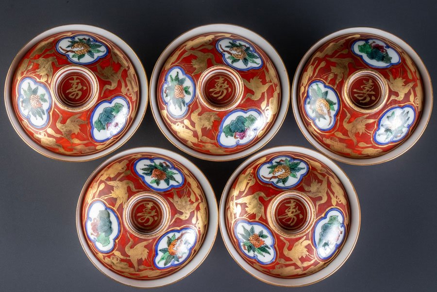 九谷焼 金彩 赤絵 瓔珞文 12cm 蓋付茶碗 3客揃 江戸期 bsiptr-57b4654-