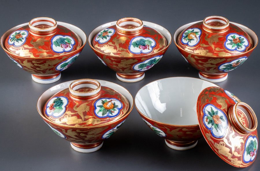 煎茶道具 九谷焼 古九谷 赤絵金彩 椛文 煎茶器 五客 時代箱付