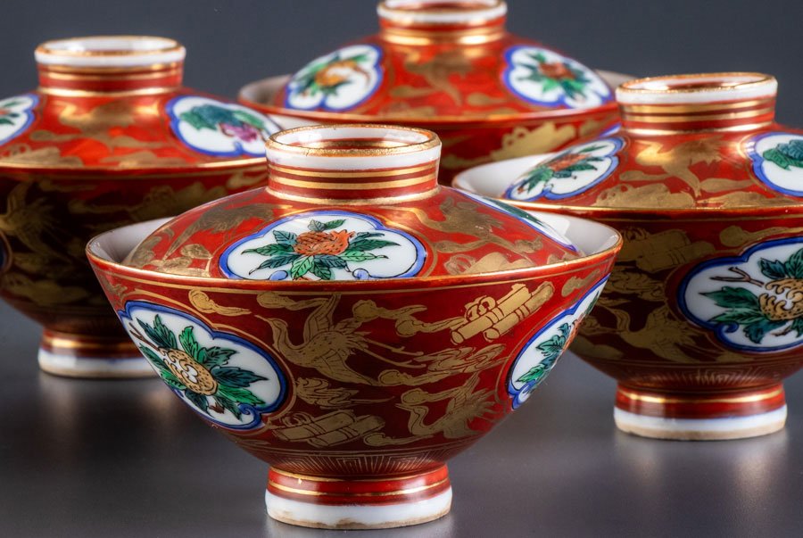 九谷焼】 九谷峰仙 赤絵金彩雲鶴柘榴文蓋茶碗 5客 16787 | すべての