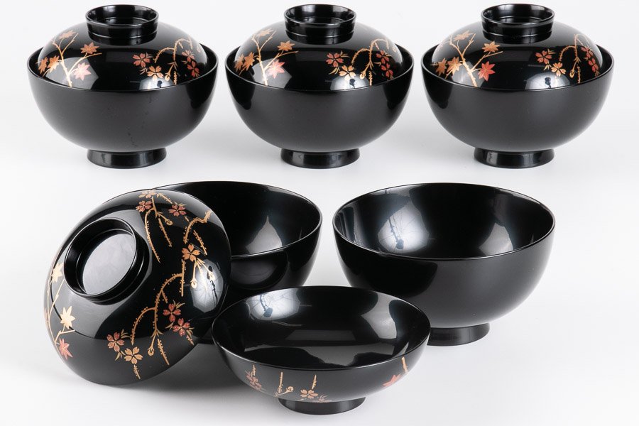 BJ031A 時代輪島塗秋乃草図金蒔絵あつもの椀吸物椀二客木製