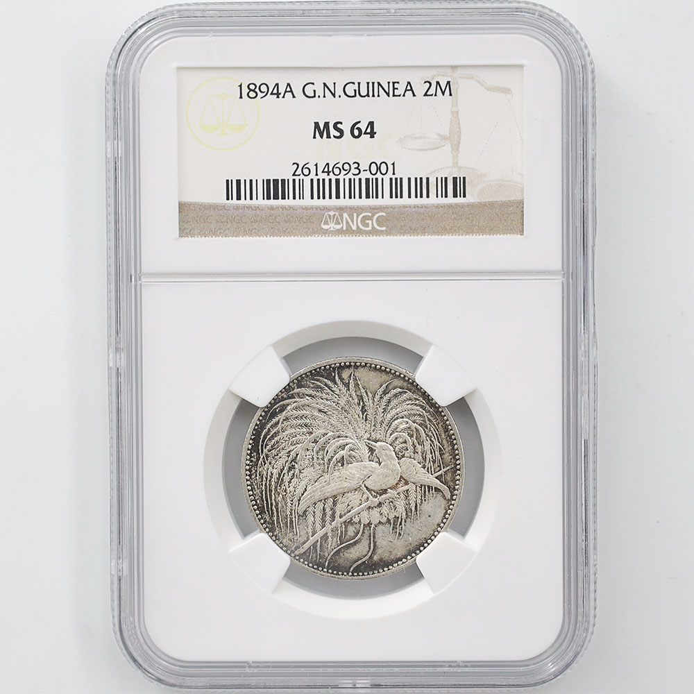 委託販売 1894 パプアニューギニア 極楽鳥 2マルク 銀貨 NGC MS 64 未