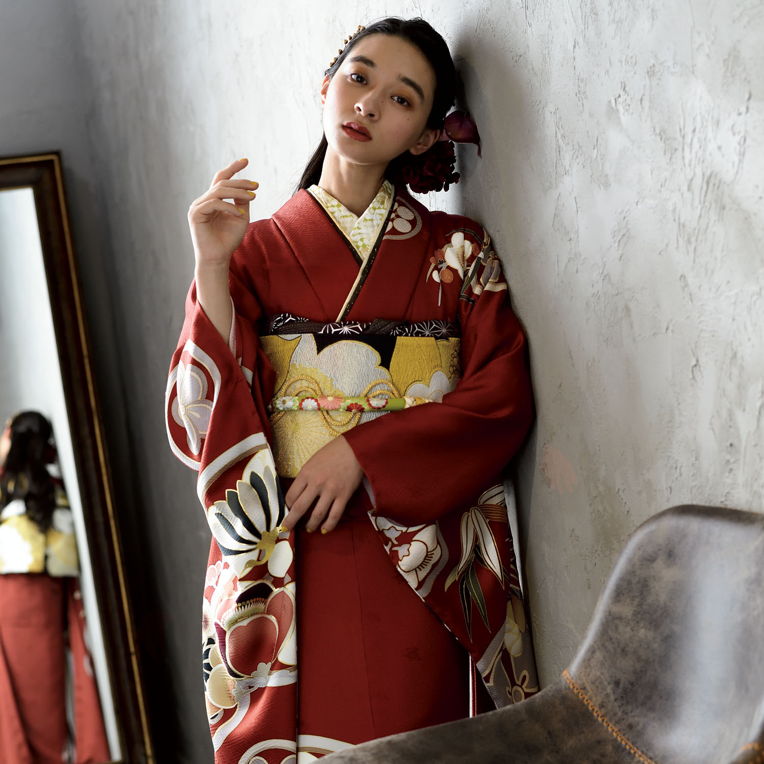 Dear 赤茶 花丸文（【振袖・袋帯・長襦袢のセット商品です