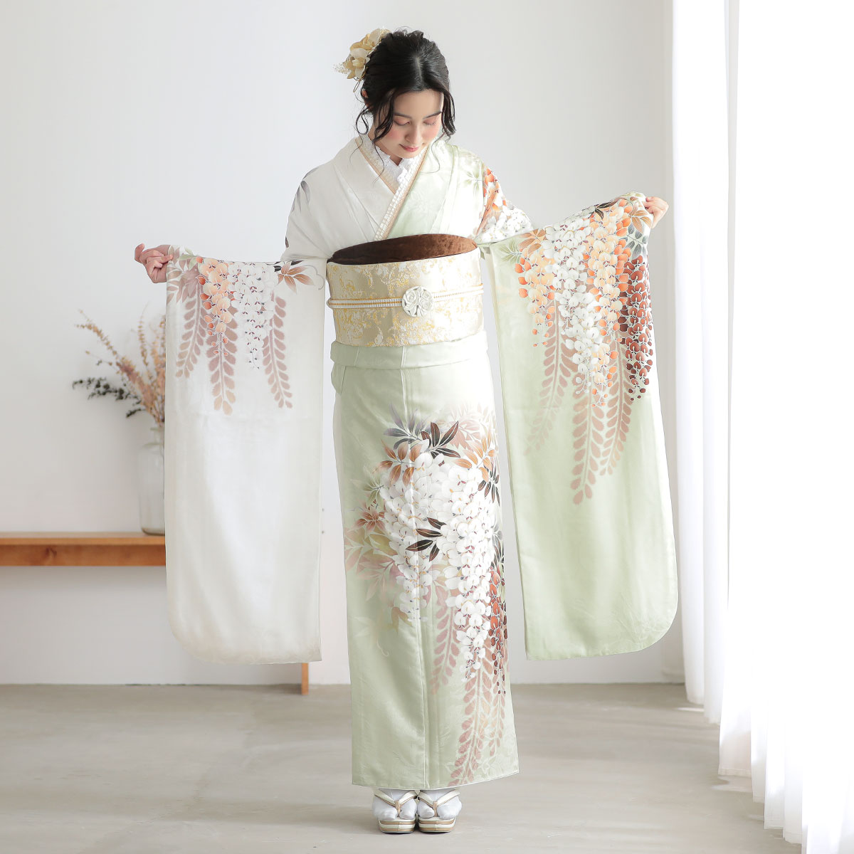 モスグリーンx白 藤花（【振袖・袋帯・長襦袢のセット商品