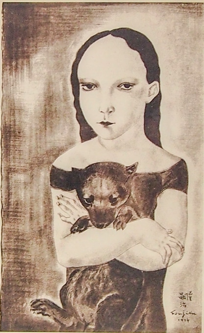 真作】版画 藤田嗣治 木版画 蜂腰の女 モノクロ版画 抽象女性像 X36 真