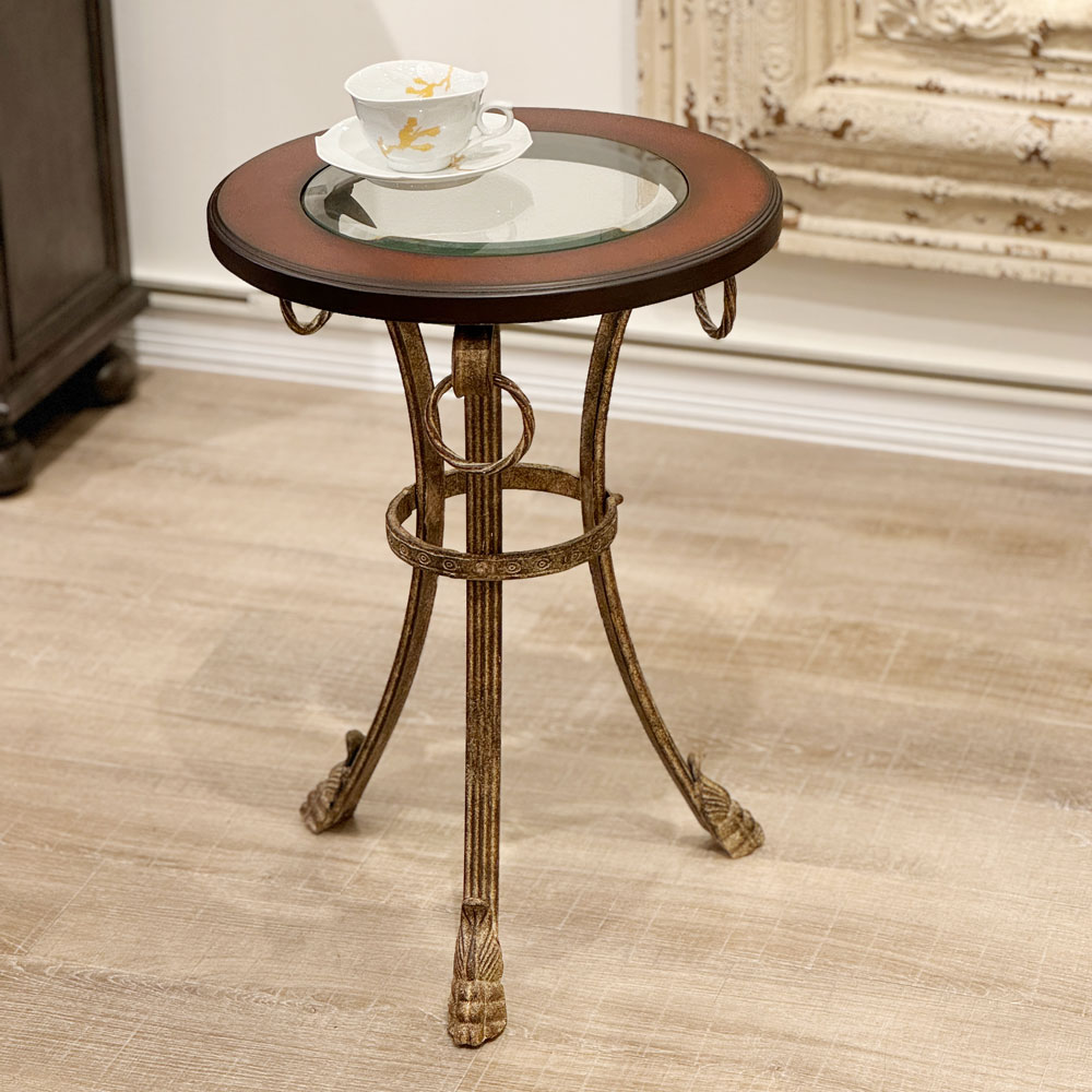 アンティークサイドテーブル ガラスウッド天板 アイアンフレーム