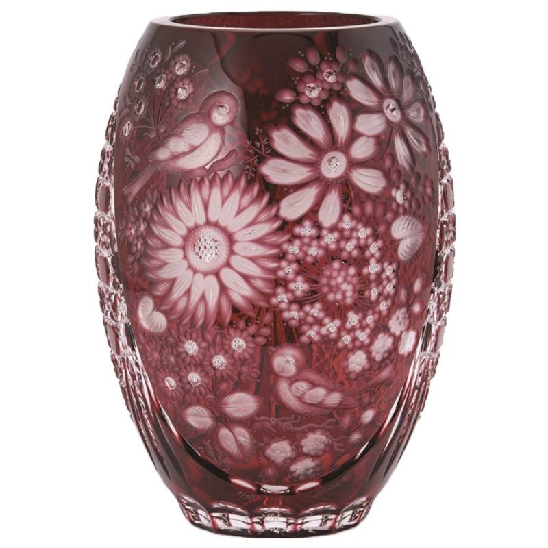 モーゼル クリスタル 赤色 鹿彫刻 八角形 花瓶 モーゼル 花瓶 モーゼル