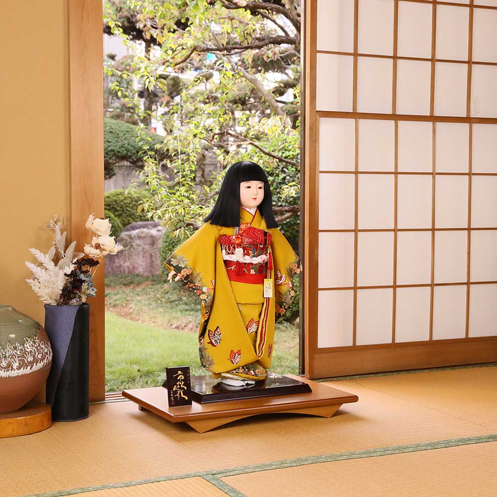 市松人形 齊藤公司作 20号 20-2-j のしめ 梅 藤 菊 楓 桐胴 正絹友禅本