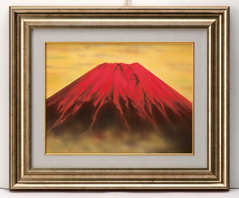 風景画/富士山】赤富士 油絵 油彩画 立体画 インテリア 額装 額縁 置物