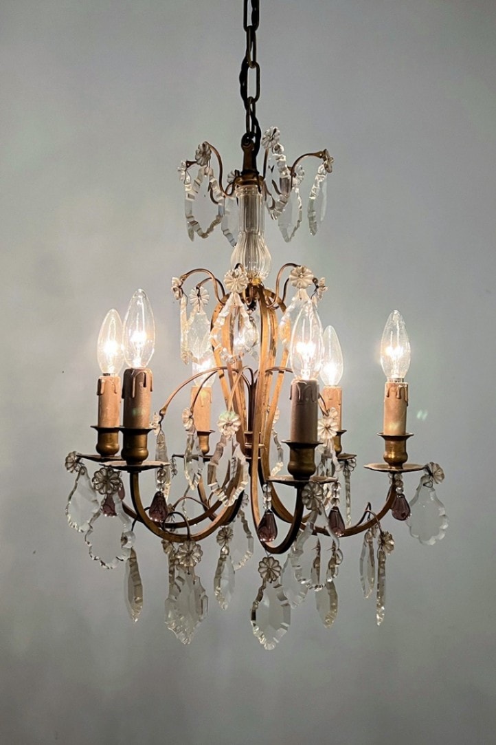 フランス アンティーク 6灯式クリスタルドロップシャンデリア 6014