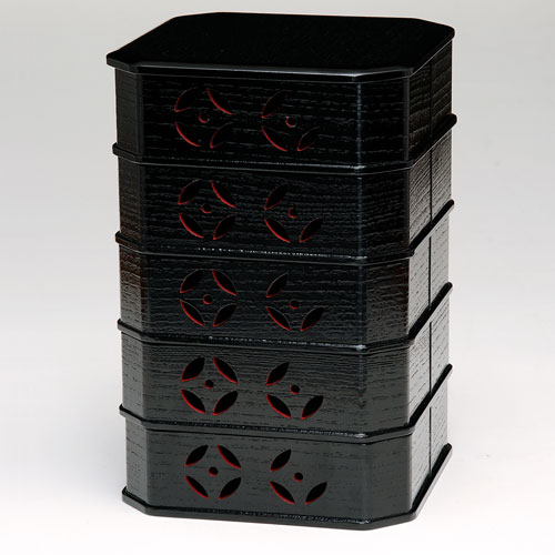 J07409 ほぼ未使用 懐石道具 木製柿合塗 5段縁高重 茶