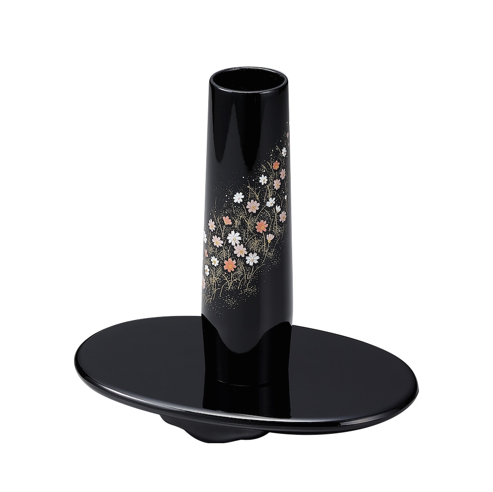 会津塗 花器 花瓶 黒漆 花文様 共箱付 飾り台付 高級漆