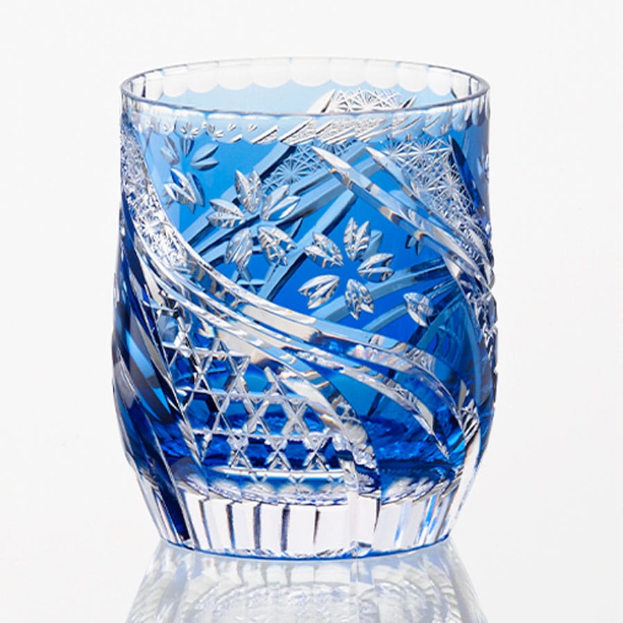江戸切子 ロックグラス＜桜流＞青 KAGAMI | ロックグラス | 伝統工芸品