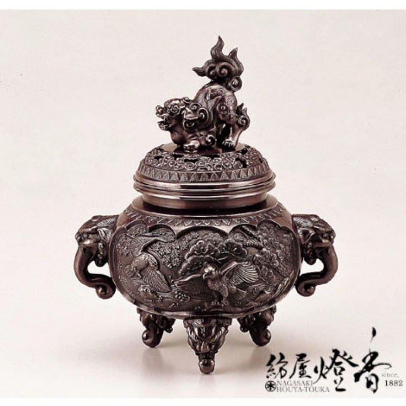 董芸】高岡銅器 名匠 晃真 作 銅製 孔雀摘龍耳鶴足 香炉