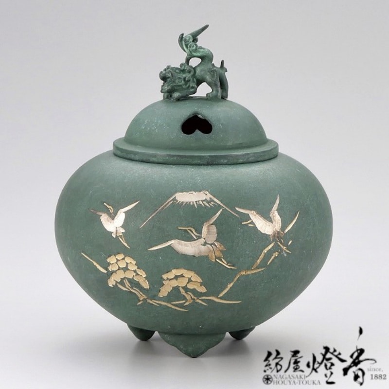 香炉/香器『高岡銅器【平丸獅子蓋香炉/松鶴/焼青銅色】銅製・能作吉