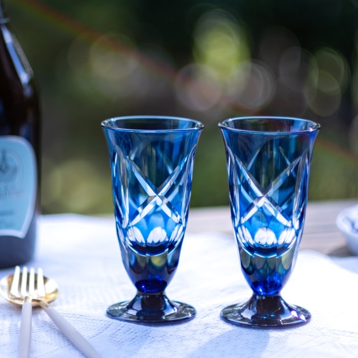 襷切子 食前酒グラス 藍色（木箱付） | 北一硝子 まごころお届け便