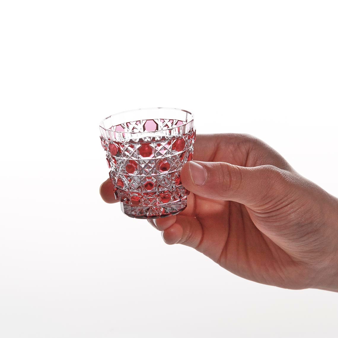 江戸切子 堀口硝子✩秀石 金赤色被せ 八角籠目 蓋物 【 美品 】 2025年