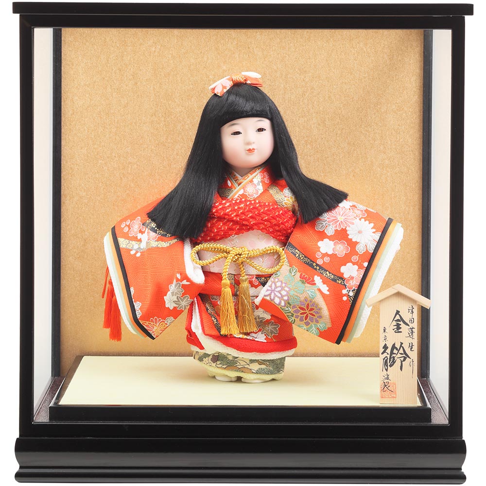 市松人形 久月 雅 金とオレンジ柄の着物 ガラスケース入り 市松人形