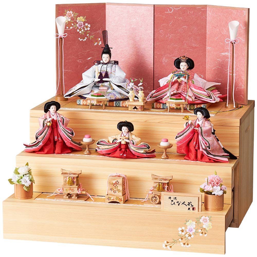 収納三段 親王官女飾り 銘木シリーズ 檜 引き出し式 4HR-N51-Z