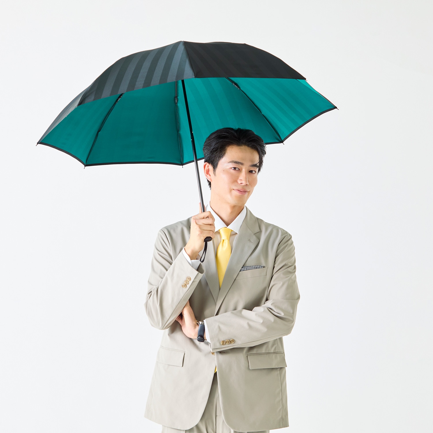 メンズ雨傘】シャドウ-折りたたみ-ブラック×グリーン｜トンボ洋傘前原