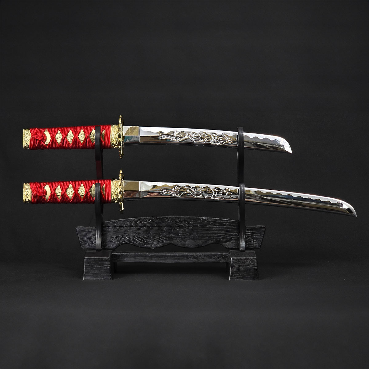 ミニミニ竜3点セット 彫金 赤 刀掛台付 刀身竜彫 模造刀｜【公式