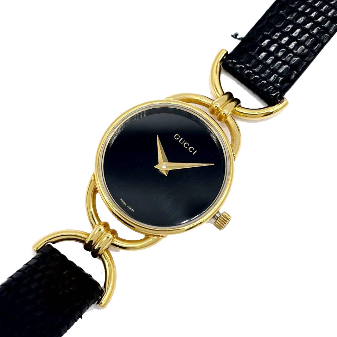 GUCCI レディース 腕時計 クォーツ レザーベルト ブラック文字盤 GP