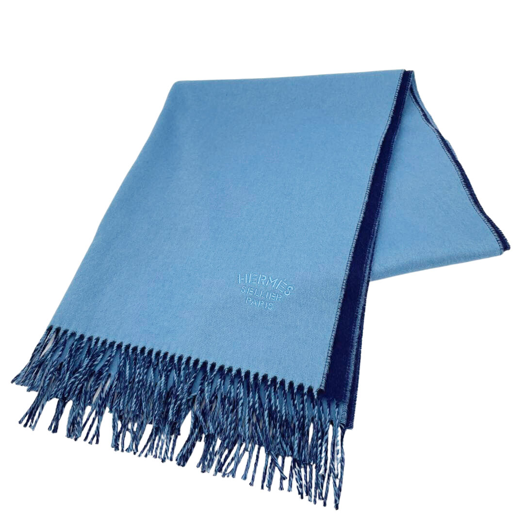 極美品□HERMES/エルメス ロゴ刺繍 カシミヤ100％ フリンジマフラー