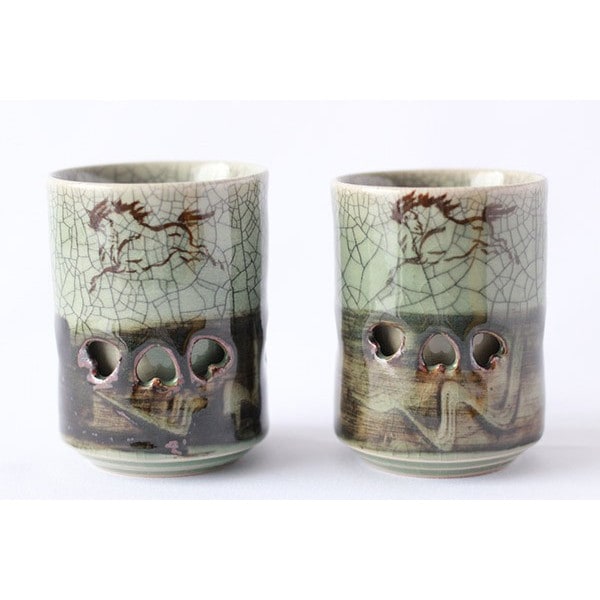 大堀相馬焼 松永窯 木箱入り 夫婦二重湯呑み (青ひび 2.2寸) 同サイズ