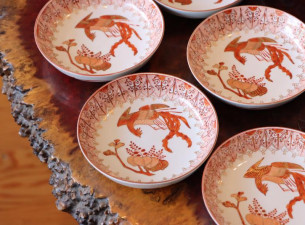 九谷焼 赤絵 鳳凰桐文 小皿｜明治〜大正期の上品な骨董皿｜新原美術