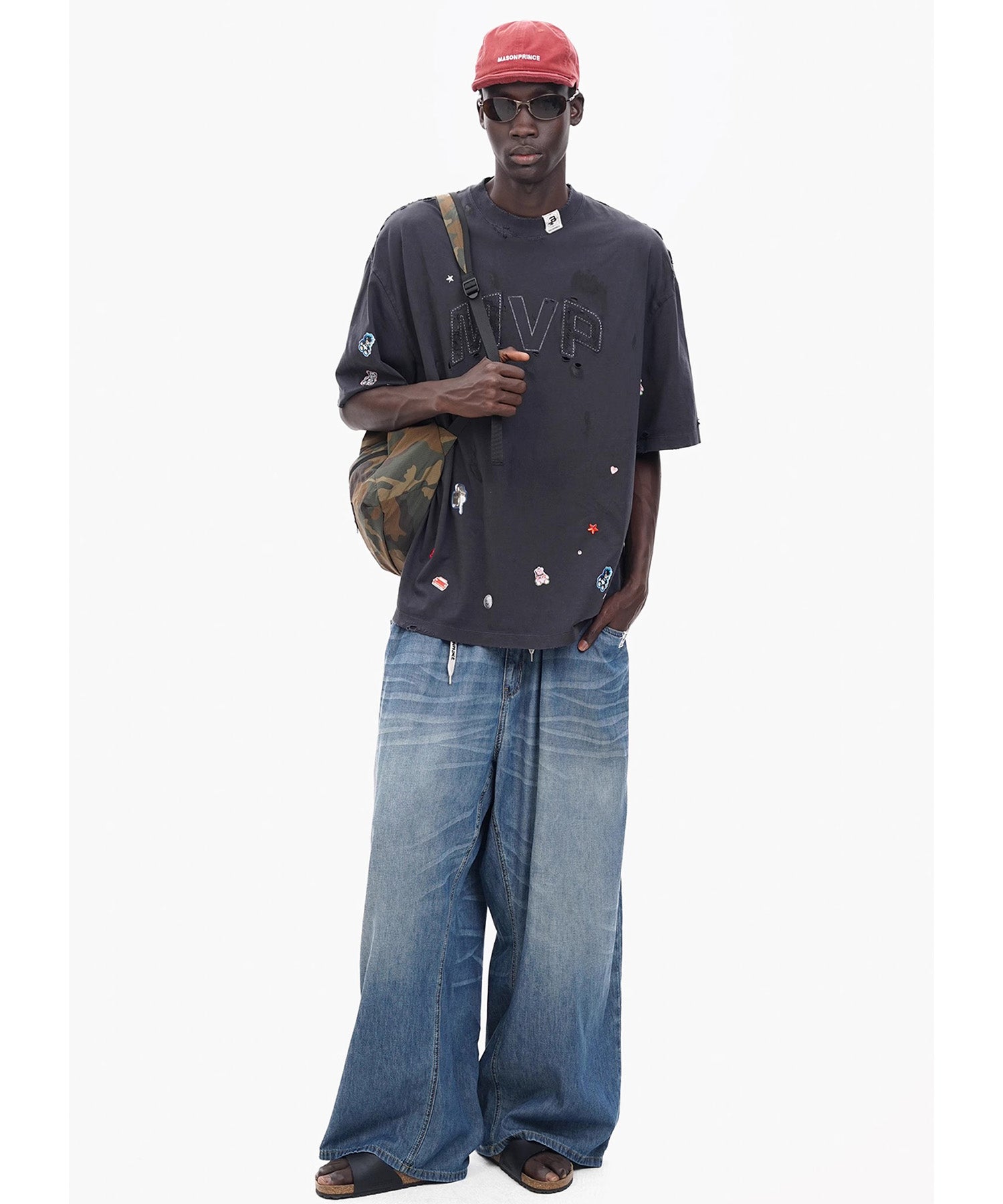 オーバーサイズ ステッカーデザイン ダメージ加工 Tシャツ DT4354