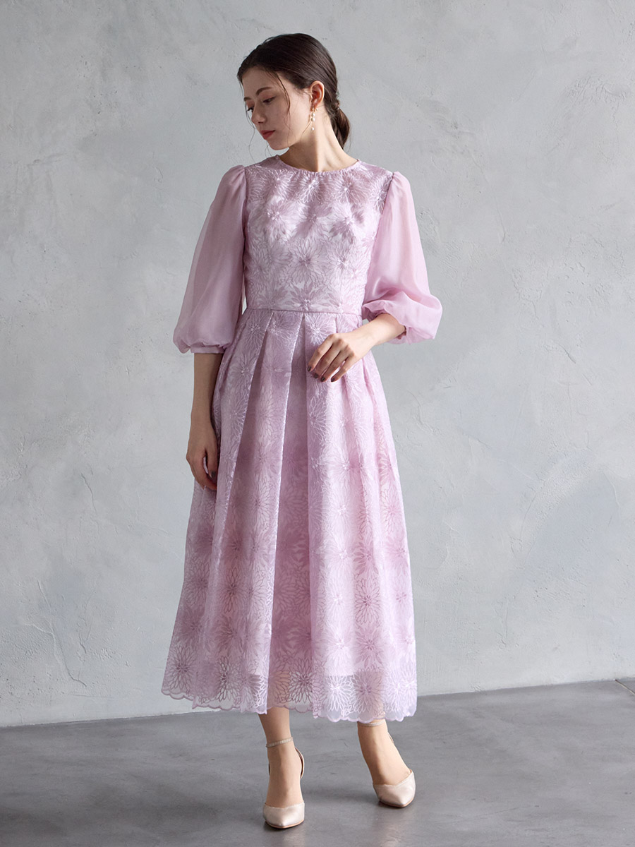 オーガンジー花柄刺繍ボリュームスリーブドレス(S ピンク): AIMER