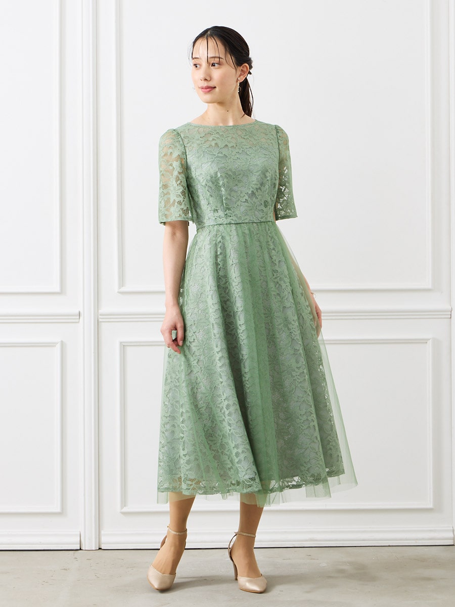 総レース×チュール袖付きフィット＆フレアドレス(M ベージュ): AIMER