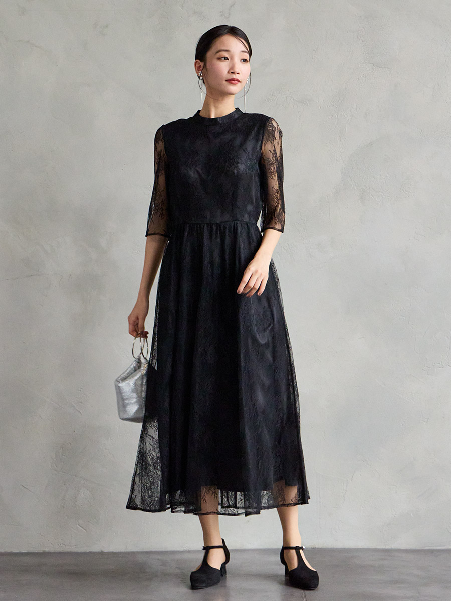 WEB限定】プチハイネック5分袖レースドレス(S ブラウン): AIMER | エメ