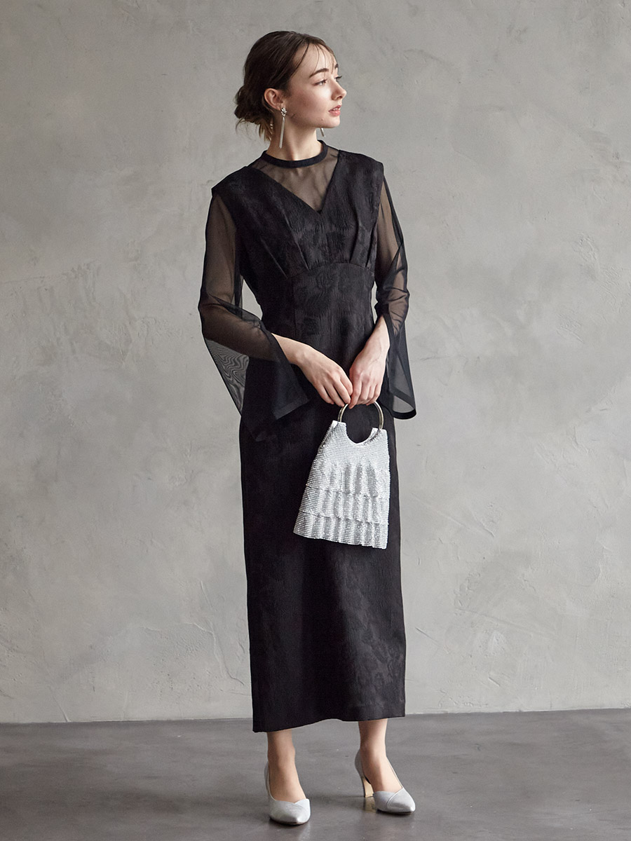 チュールブラウス付きジャカードIラインドレス(S イエローベージュ