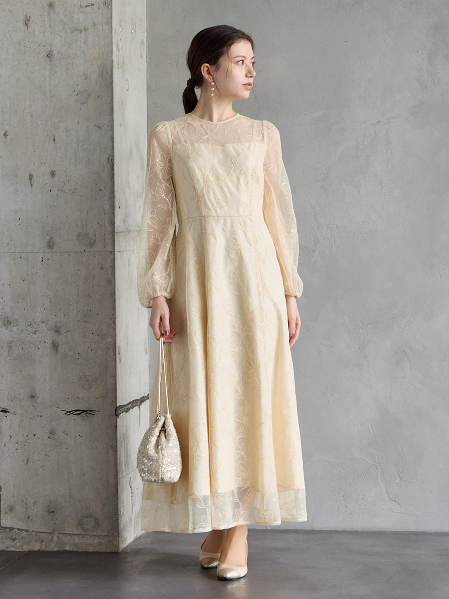 スパンコールフラワー刺繍ロングスリーブドレス(S ブラウン): AIMER