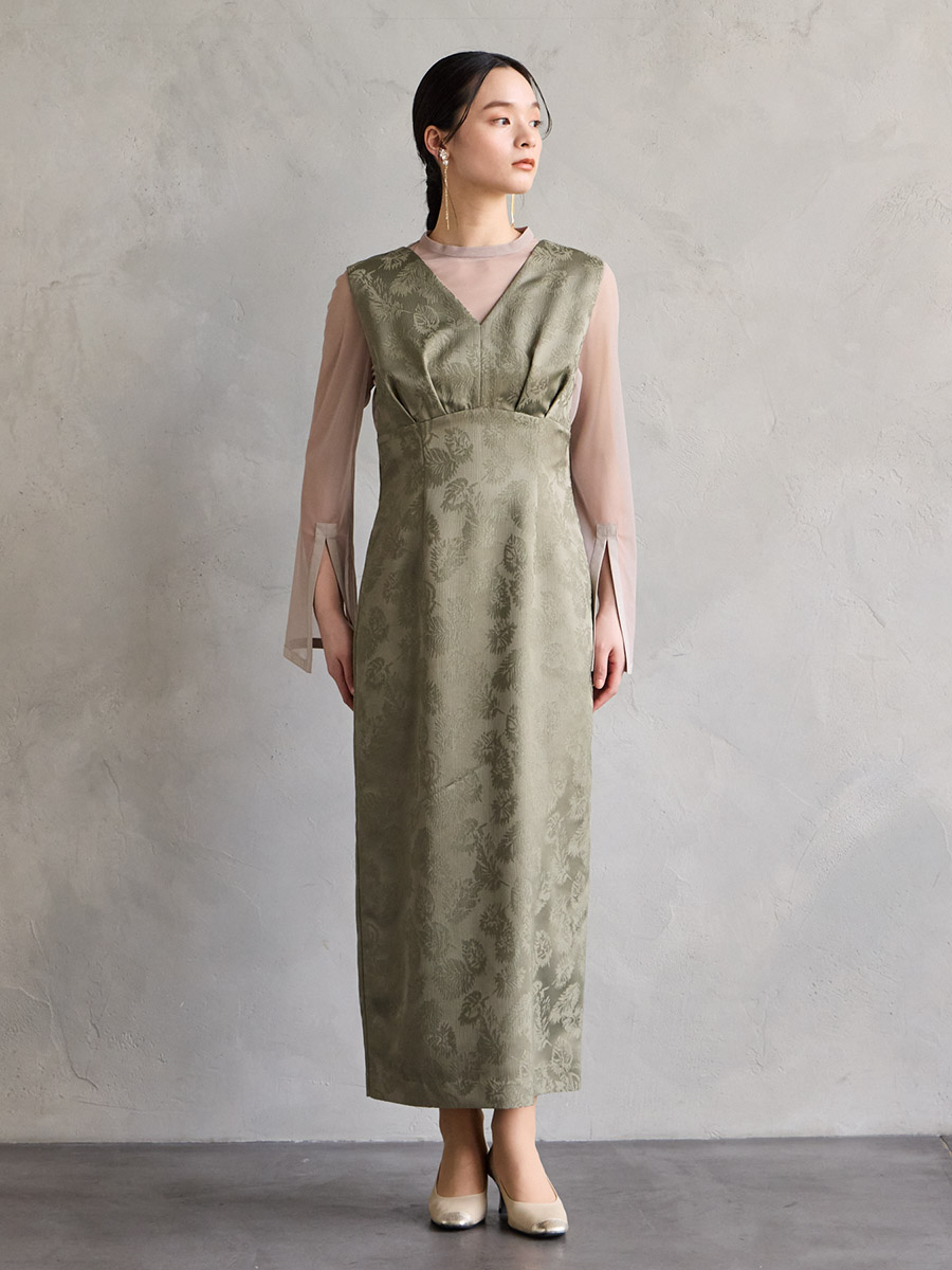 チュールブラウス付きジャカードIラインドレス(S イエローベージュ