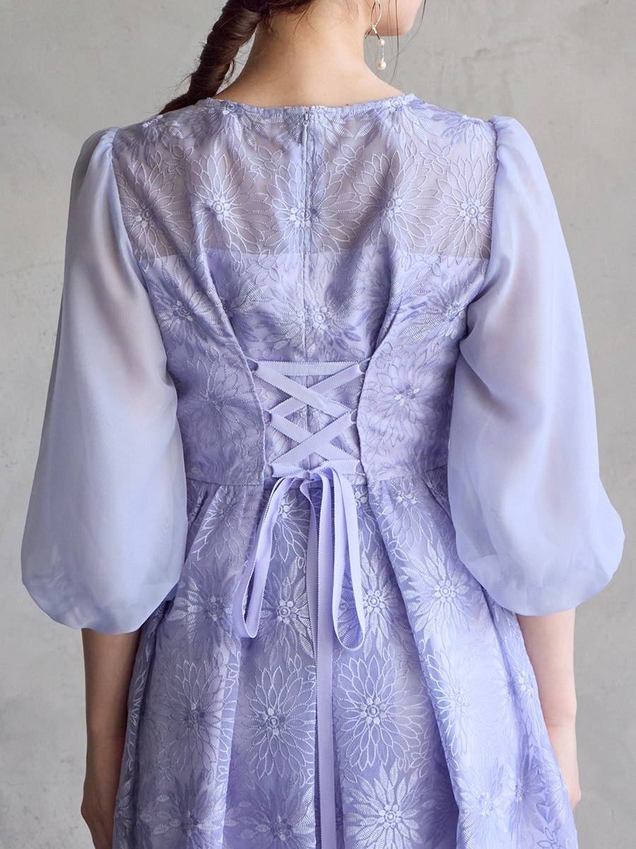 オーガンジー花柄刺繍ボリュームスリーブドレス(S ピンク): AIMER