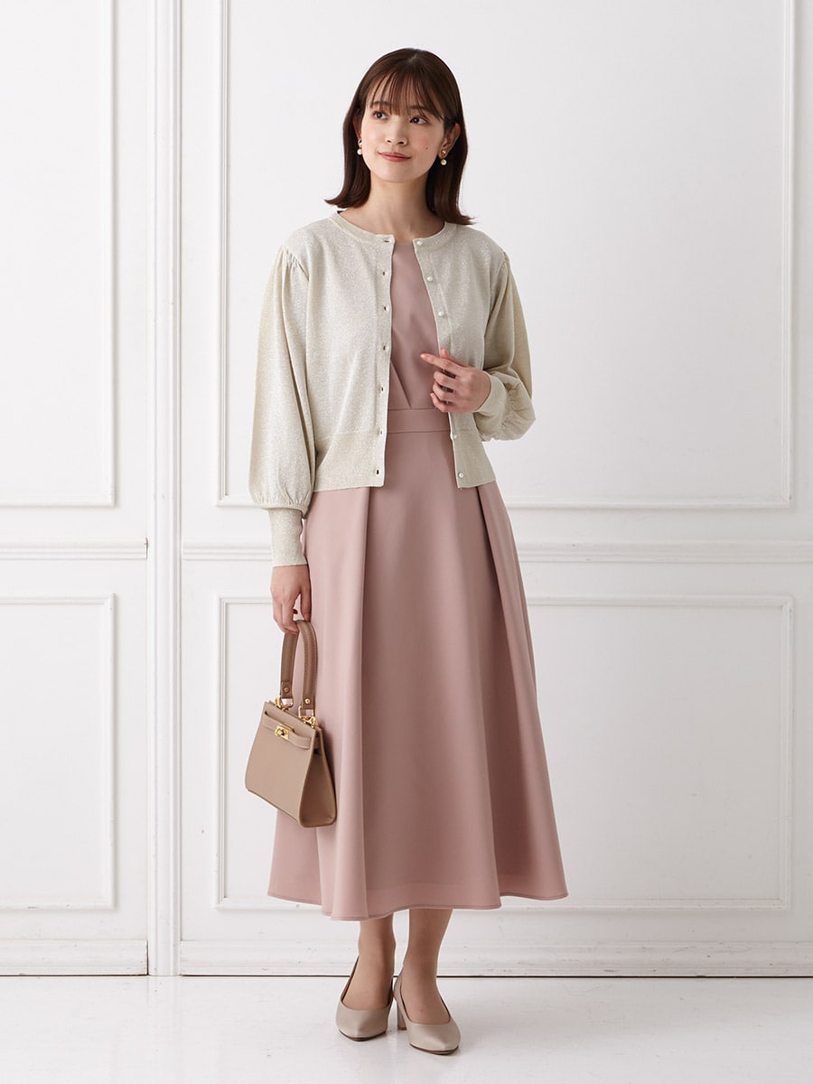 レース袖×ウエストタックフィット＆フレアワンピース(L ピンク): AIMER