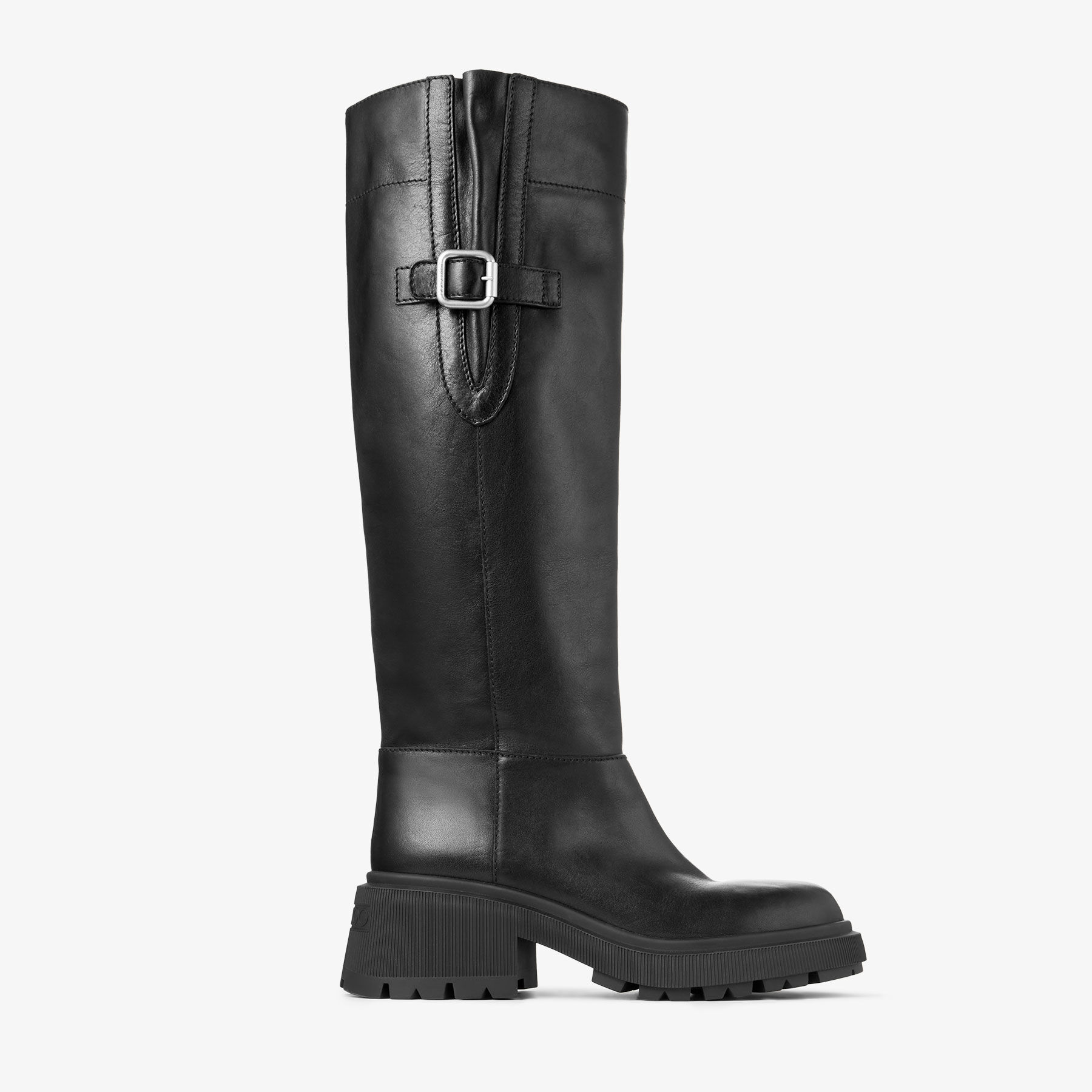 Tamsin Knee Boot Flat | Black Shiny Calf Leather Knee High Boot