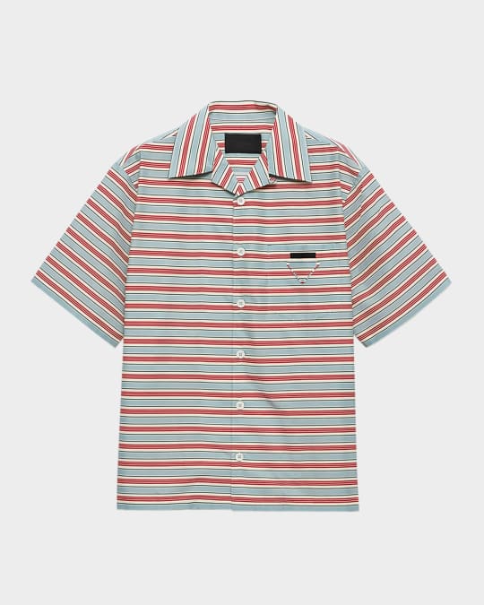 Prada Men's Cotton and Silk Stripe Short-Sleeve Shirt | Neiman Marcus