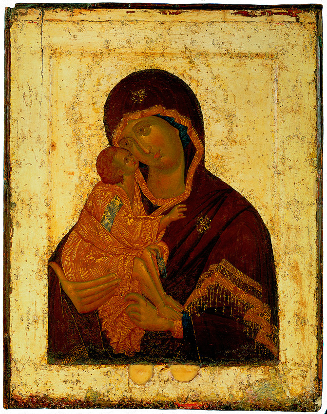 ロシア正教の聖絵 イコン(聖母子) 聖母子像 中世宗教画 金箔仕上げ