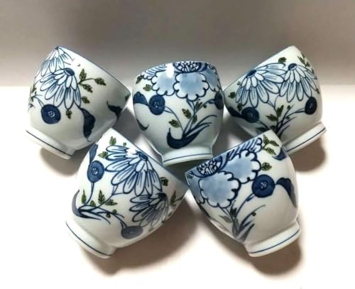 2191 源右衛門 染付花草浪花文 湯呑 5客 2191 源右衛門染付花草浪花文