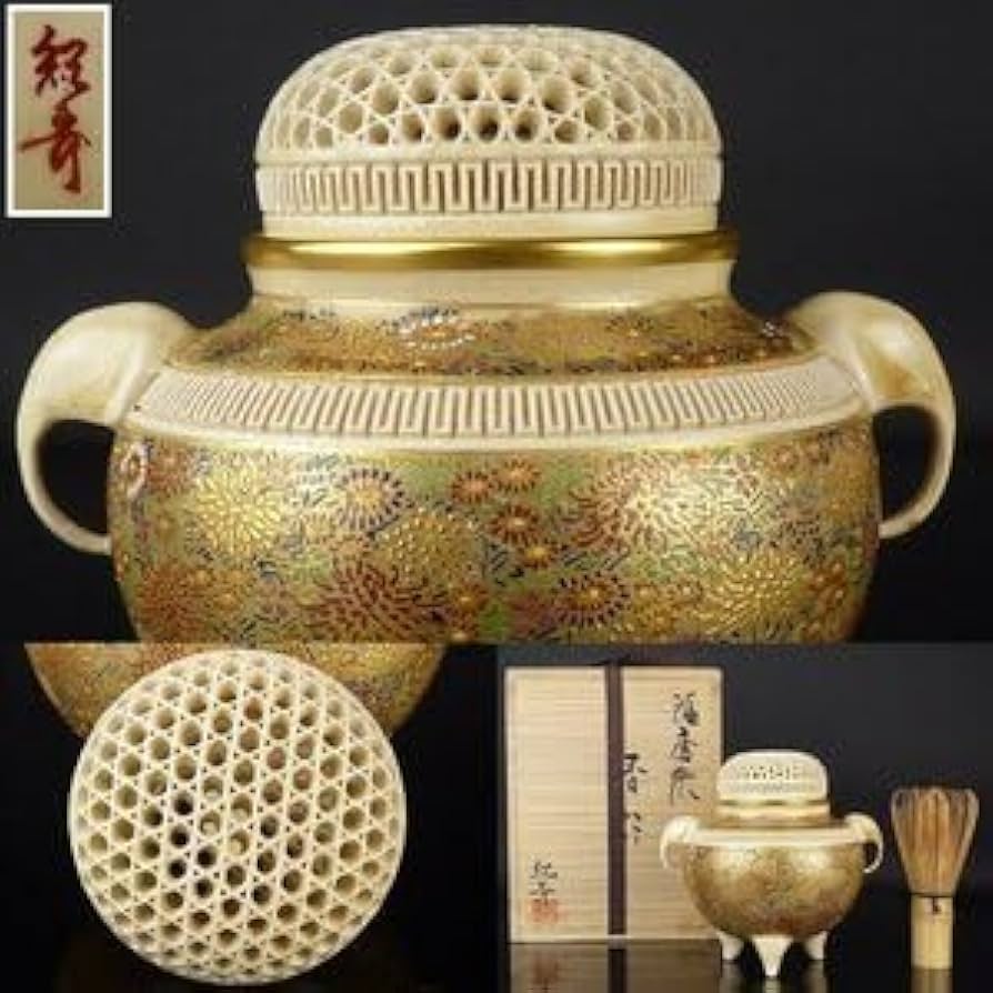 茶道具 京焼 京薩摩 色絵 香炉 時代箱付 M R7714 茶道具 京焼 京