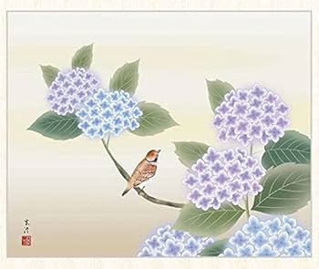 水墨画 在銘 花鳥図 紫陽花と雀 額装 あじさい 縦72㎝ 横85㎝
