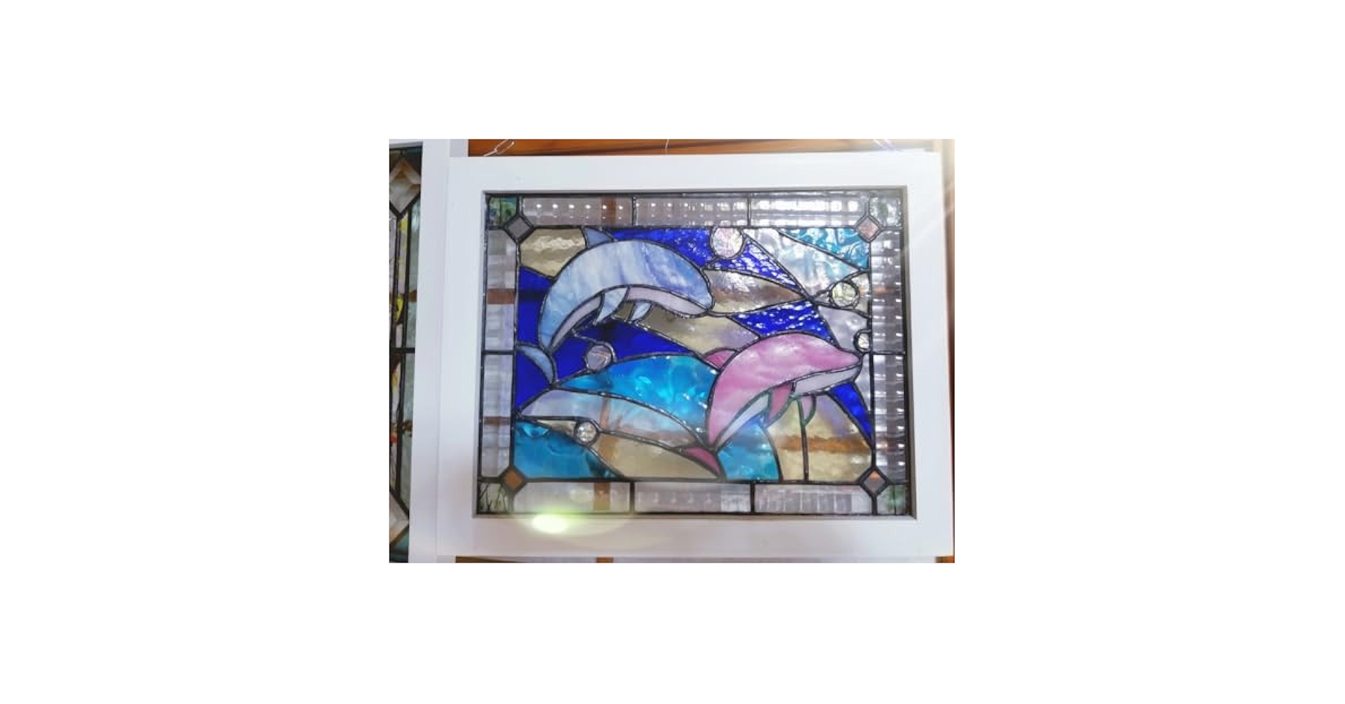 ステンドグラス 2色イルカのパネル(スタンド付) ステンドグラス2色