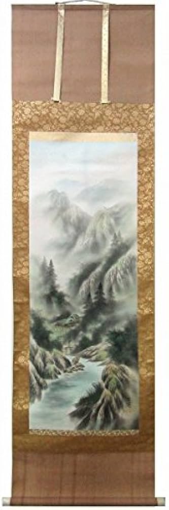 Amazon.co.jp: 古渓『彩色山水』掛け軸 日本画 版画+手彩色 風景画