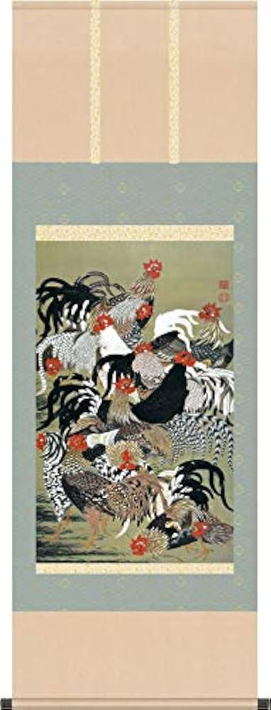 掛軸 春洋 鶏 木箱 花鳥図 親子 3-42 掛軸 春洋 鶏 木箱 花鳥図 親子 3